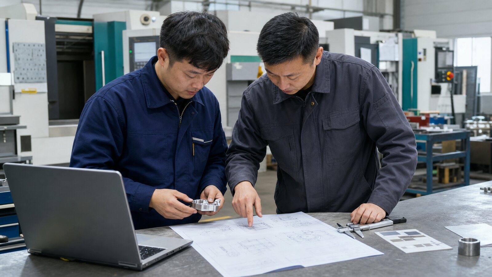 制造企业工程师对照图纸与金属样件评审定制需求