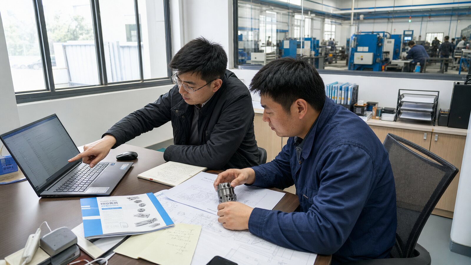 制造企业销售人员结合图纸和零件讨论报价跟进资料