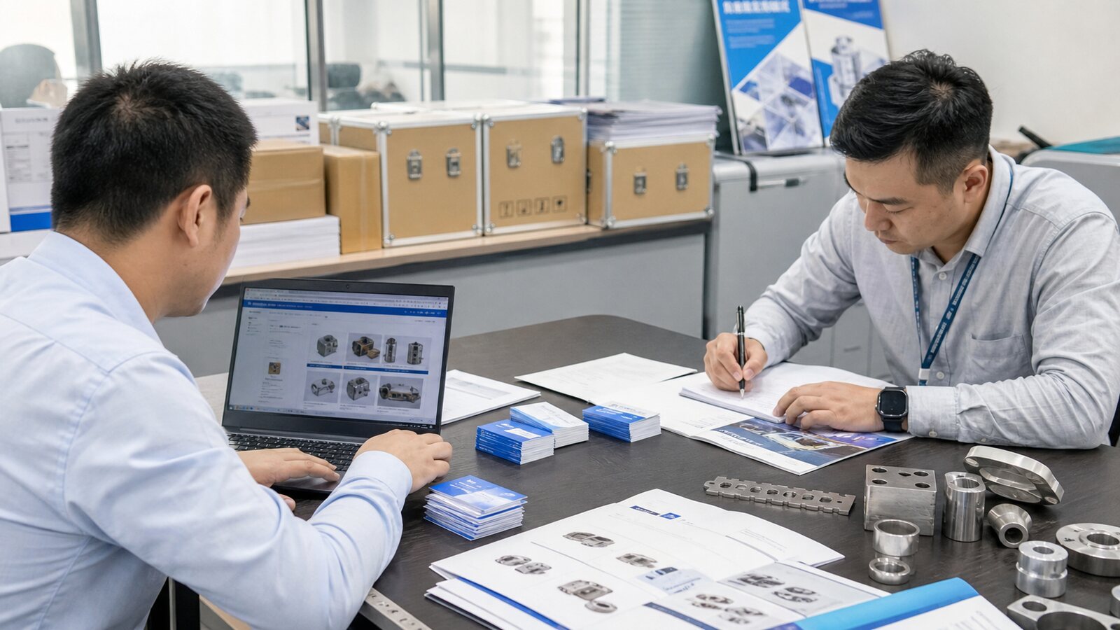 制造企业销售团队整理展会名片与产品资料