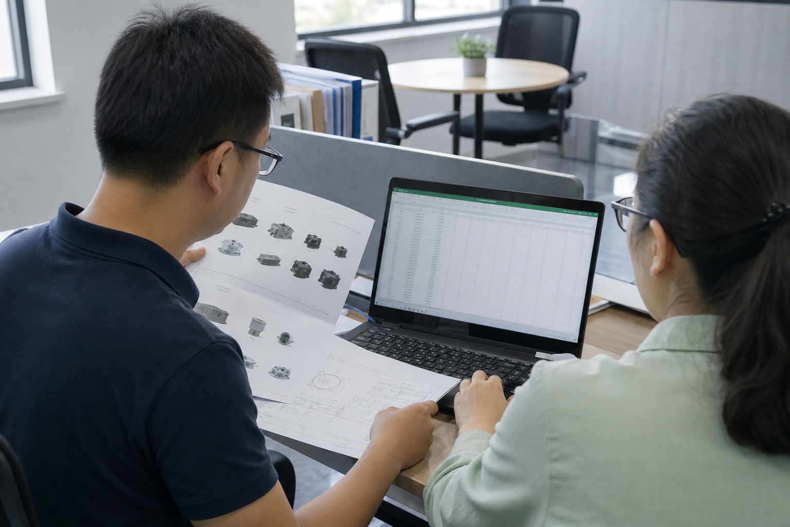 产品工程师与网站管理员核对型号导入表格和技术图纸