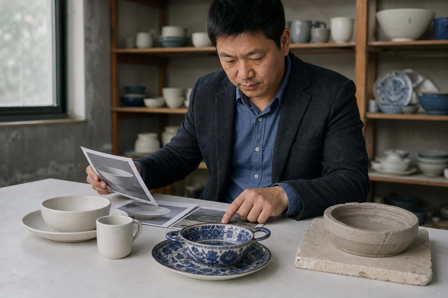 负责人核对陶瓷作品展示与接单范围