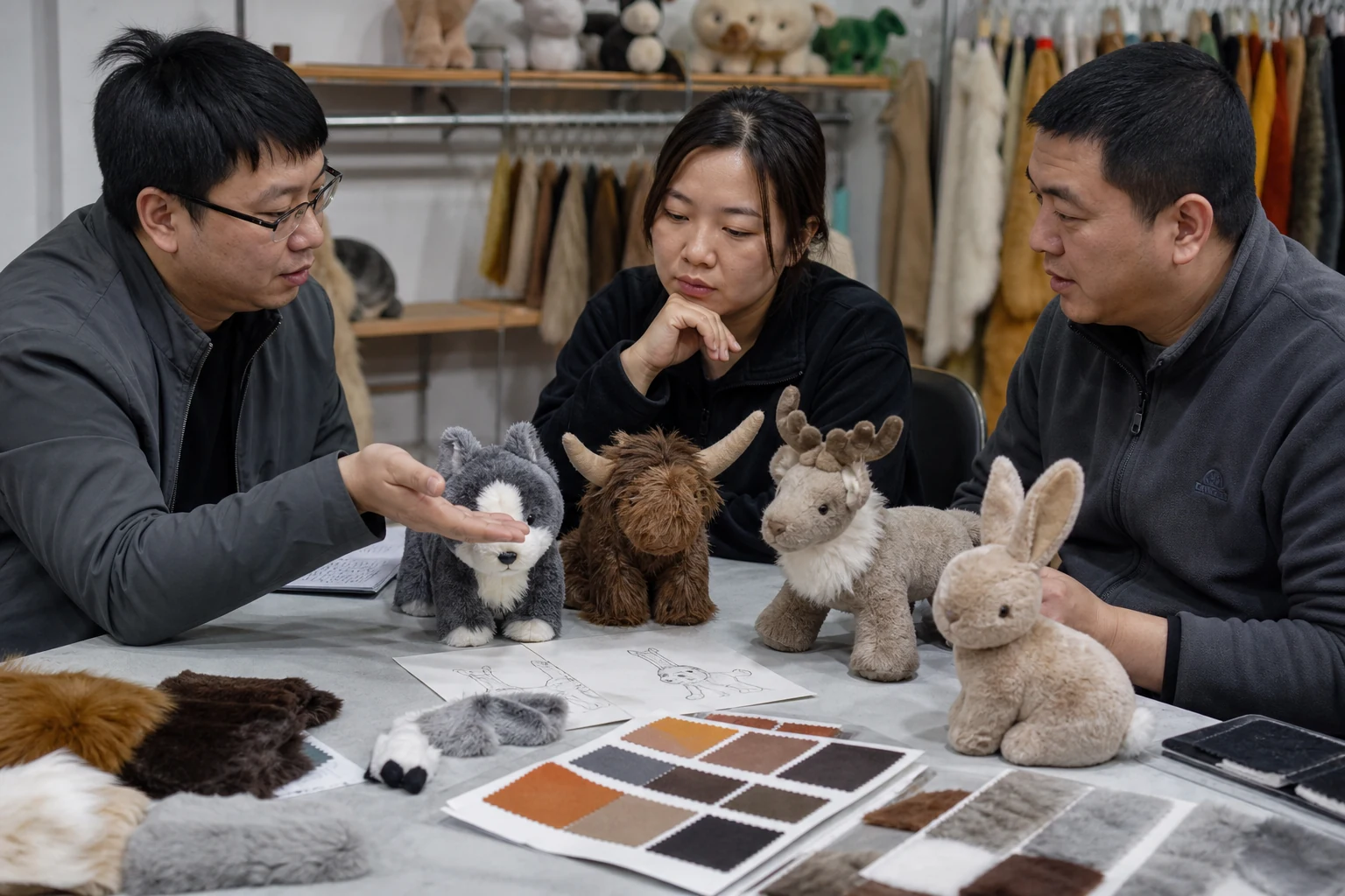 销售与生产人员核对毛绒玩具样品