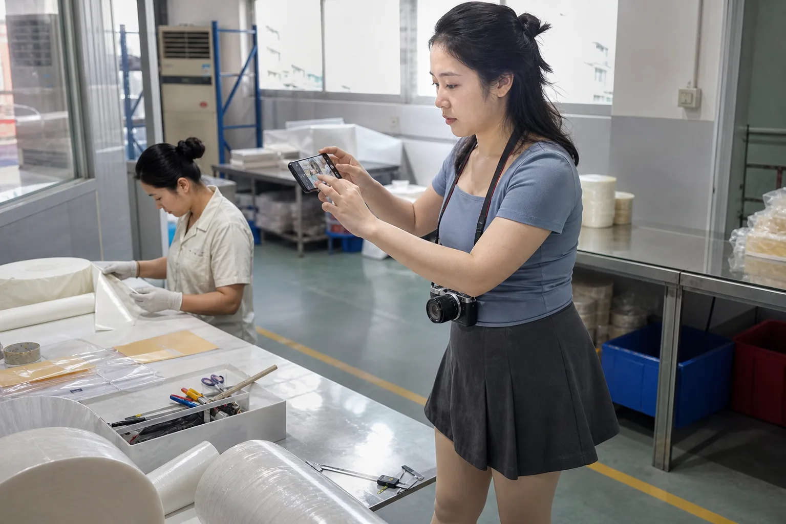 自媒体人员拍摄双面胶批次检验现场