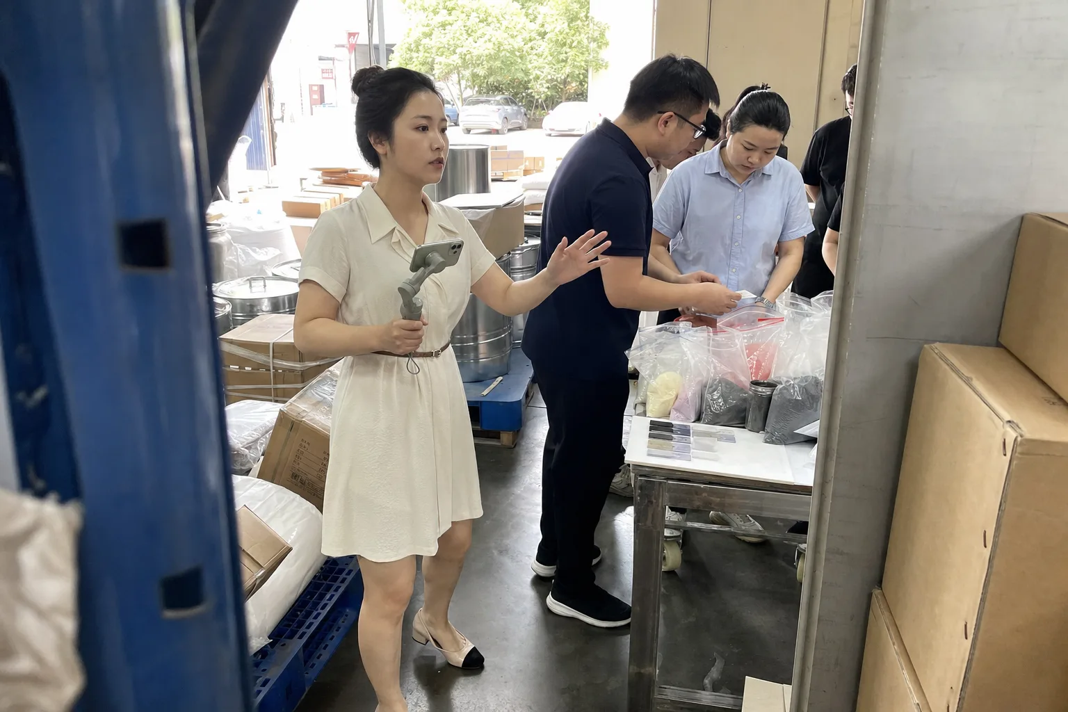 自媒体人员拍摄染料来料批次核对现场