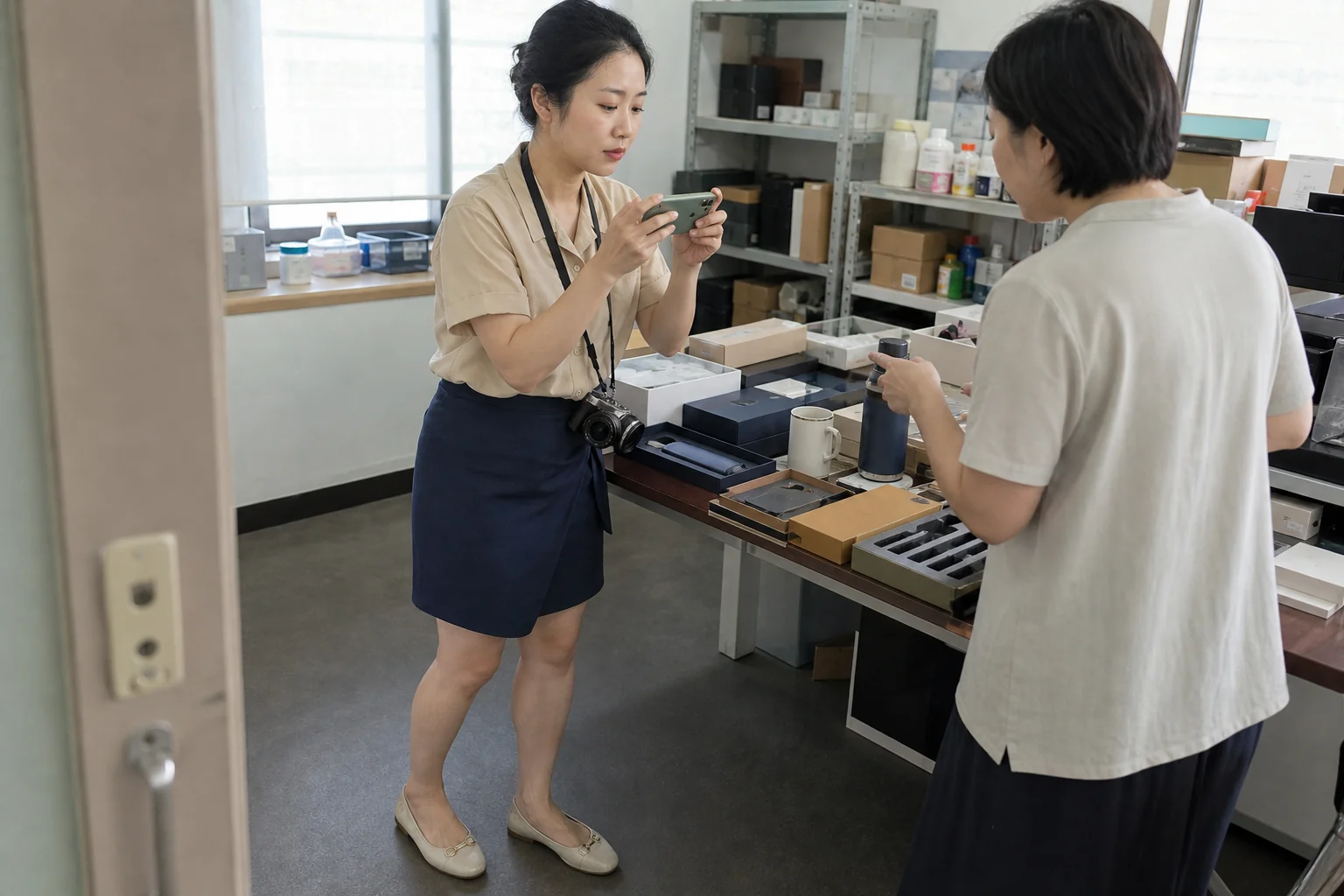 自媒体人员拍摄商务礼品样品确认