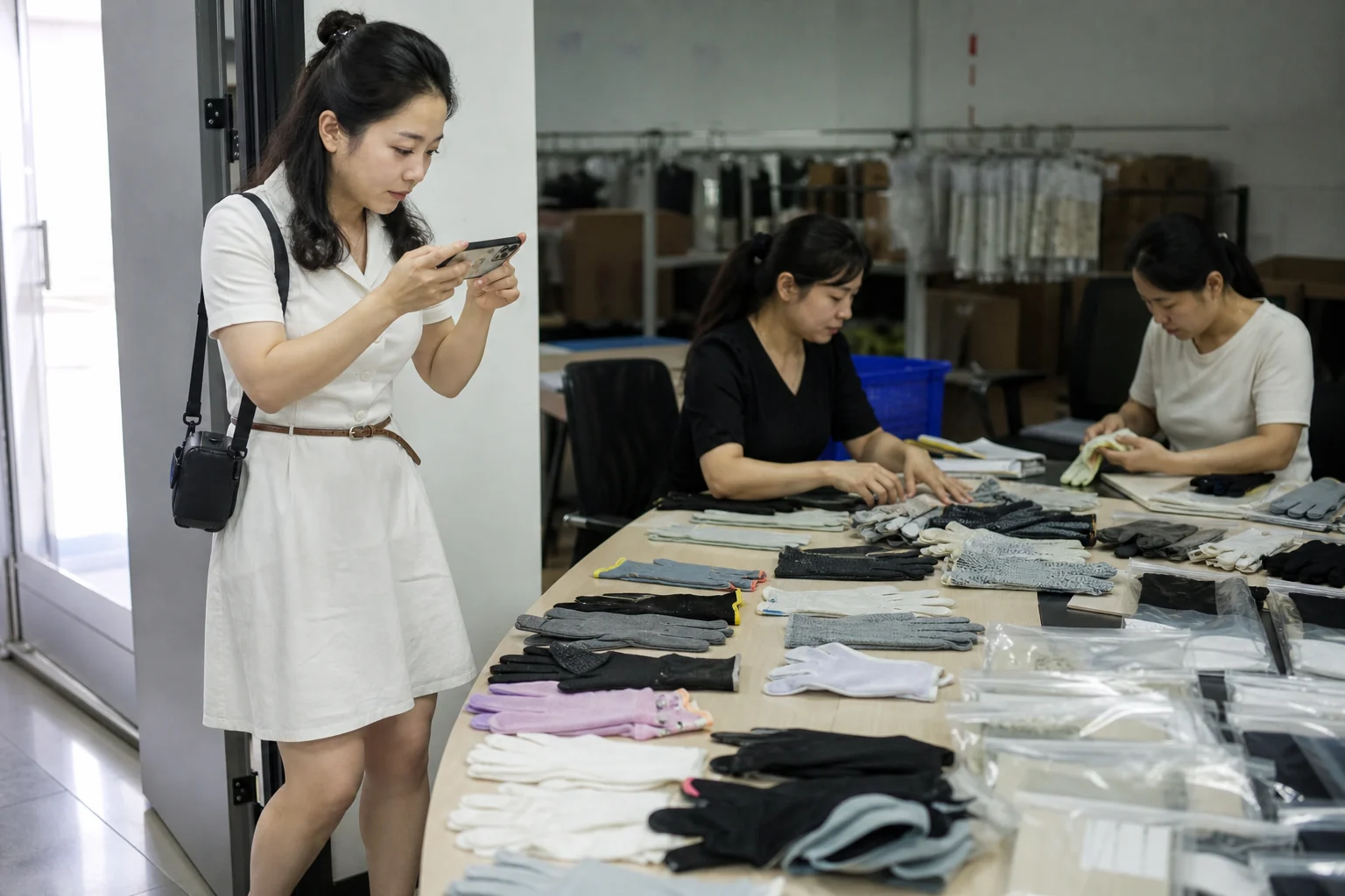 自媒体人员拍摄手套样品转批量核对