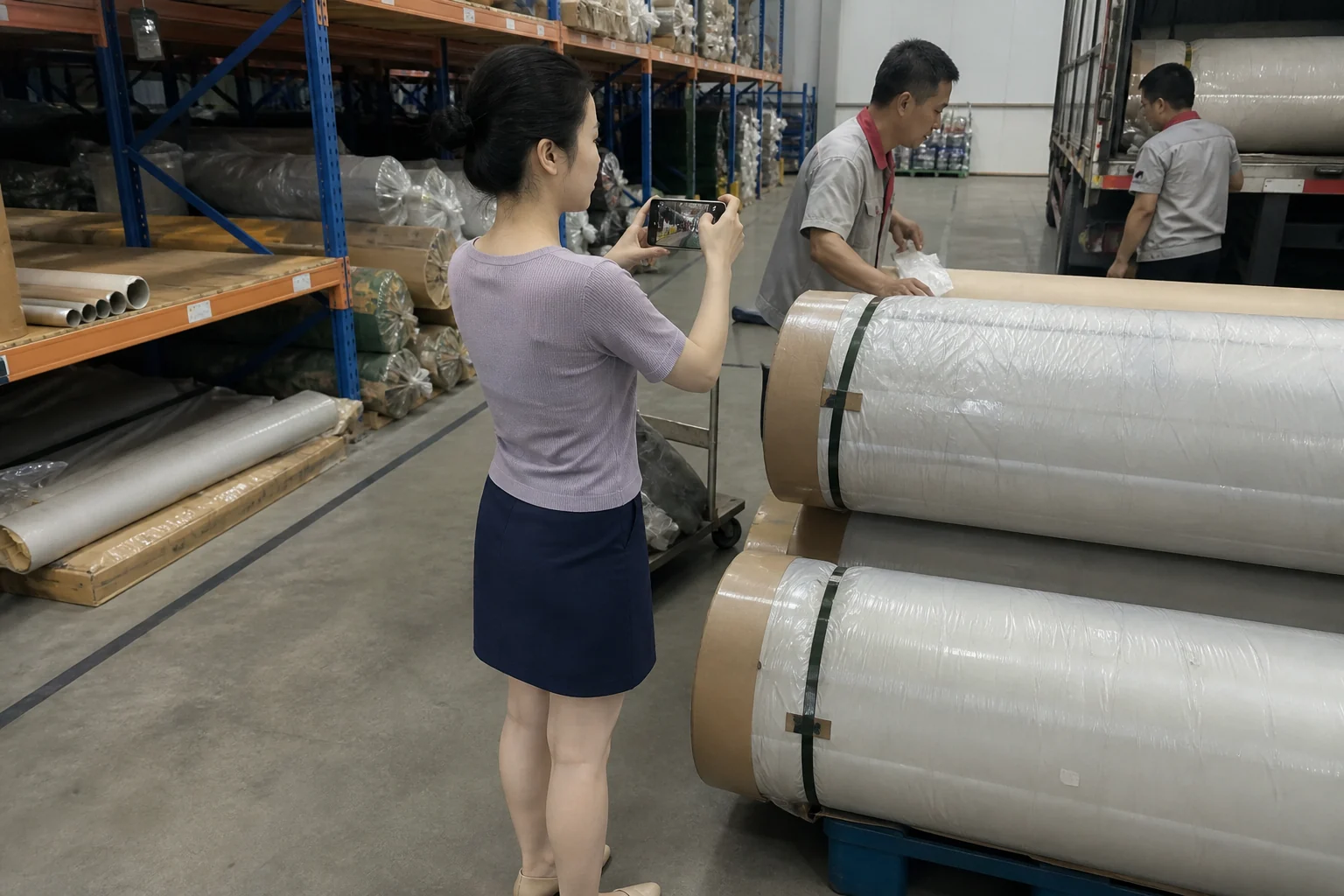 自媒体人员记录沙发革卷发货检查