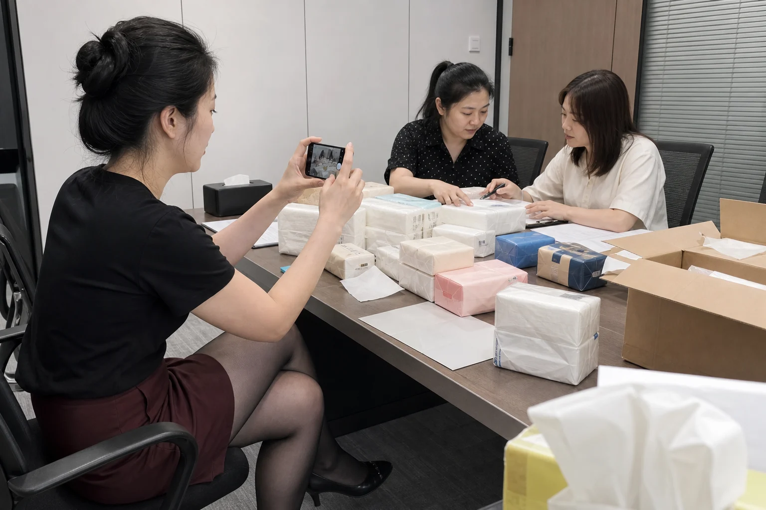 自媒体人员拍摄抽纸报价样品核对